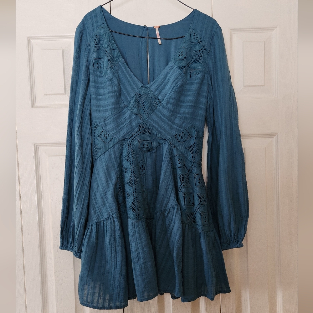 Free People Blue Mini Dress with Bishop Sleeves and V-Neck